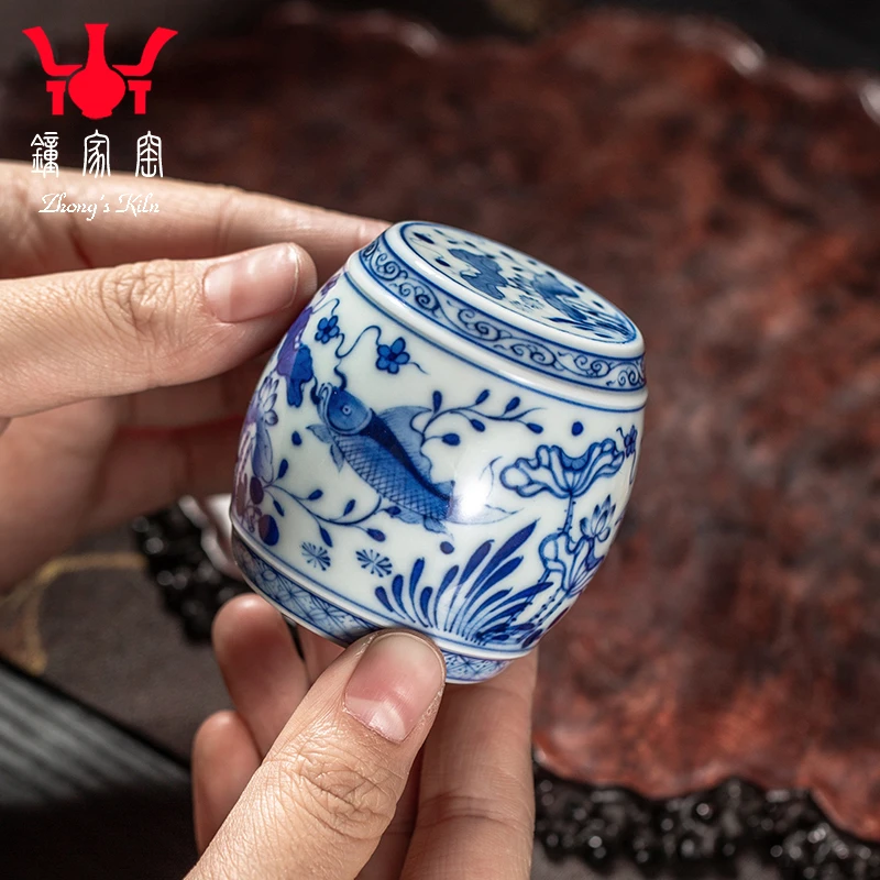 钟家窑陶瓷盖置景德镇全手工手绘鱼藻纹实心鼓型茶道配件盖置盖托