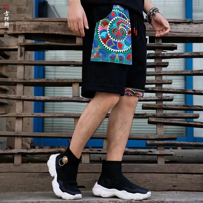 【古阿新国潮】原创中国风苗绣刺绣夏季休闲裤运动情侣百搭短裤男士