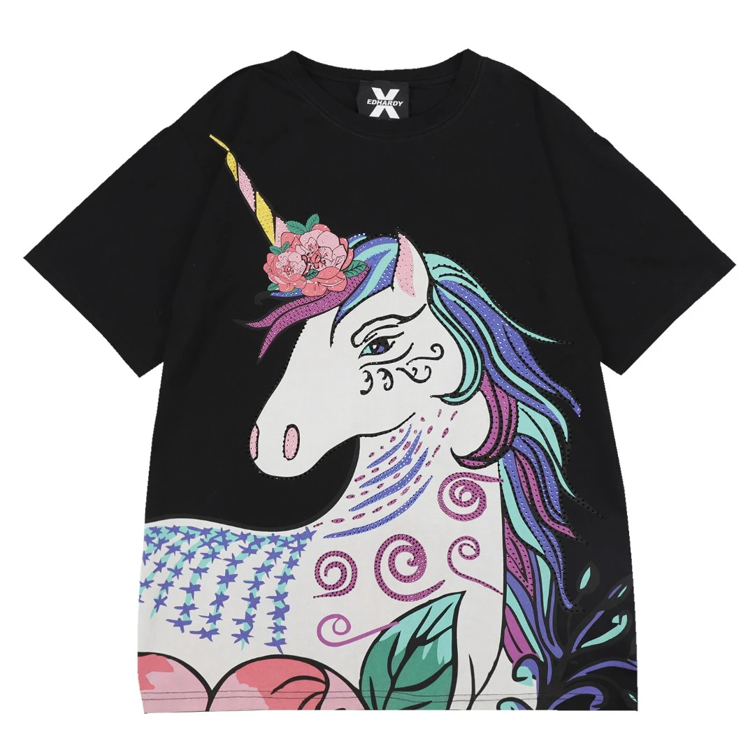 Ed hardy X潮流圆领T恤情侣半袖可爱独角兽短袖烫钻纯棉X1OBU717