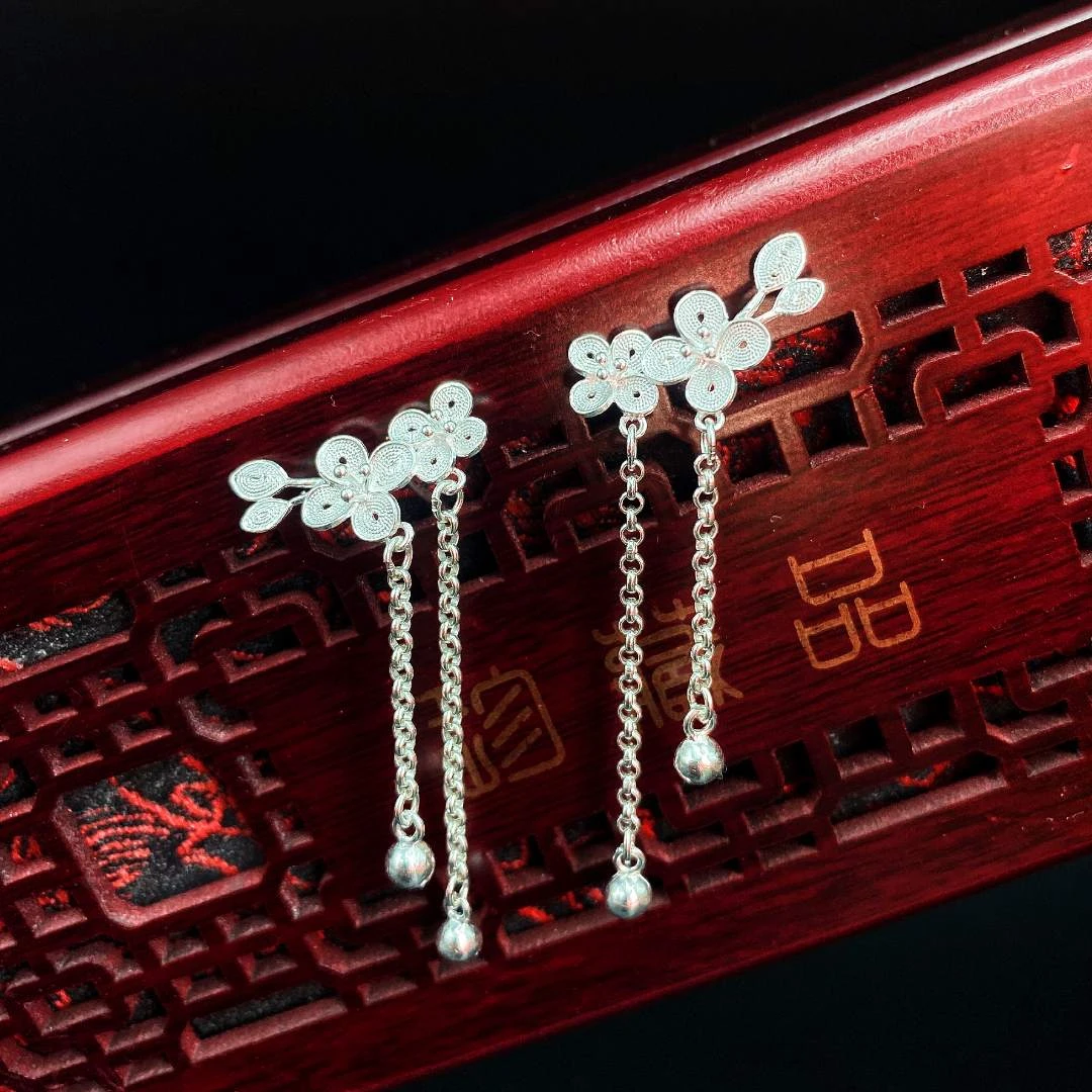 足银耳饰 足银手工拉丝耳坠暗香