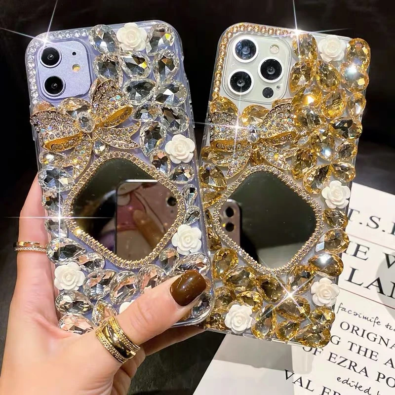 【苹果/华为/OPPO/VIVO/小米】高定奢华风蝴蝶结方镜子镶钻手机壳