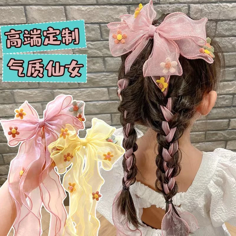 儿童花朵长飘带蝴蝶结发夹公主马尾辫绑发汉服女宝宝编发发卡发饰