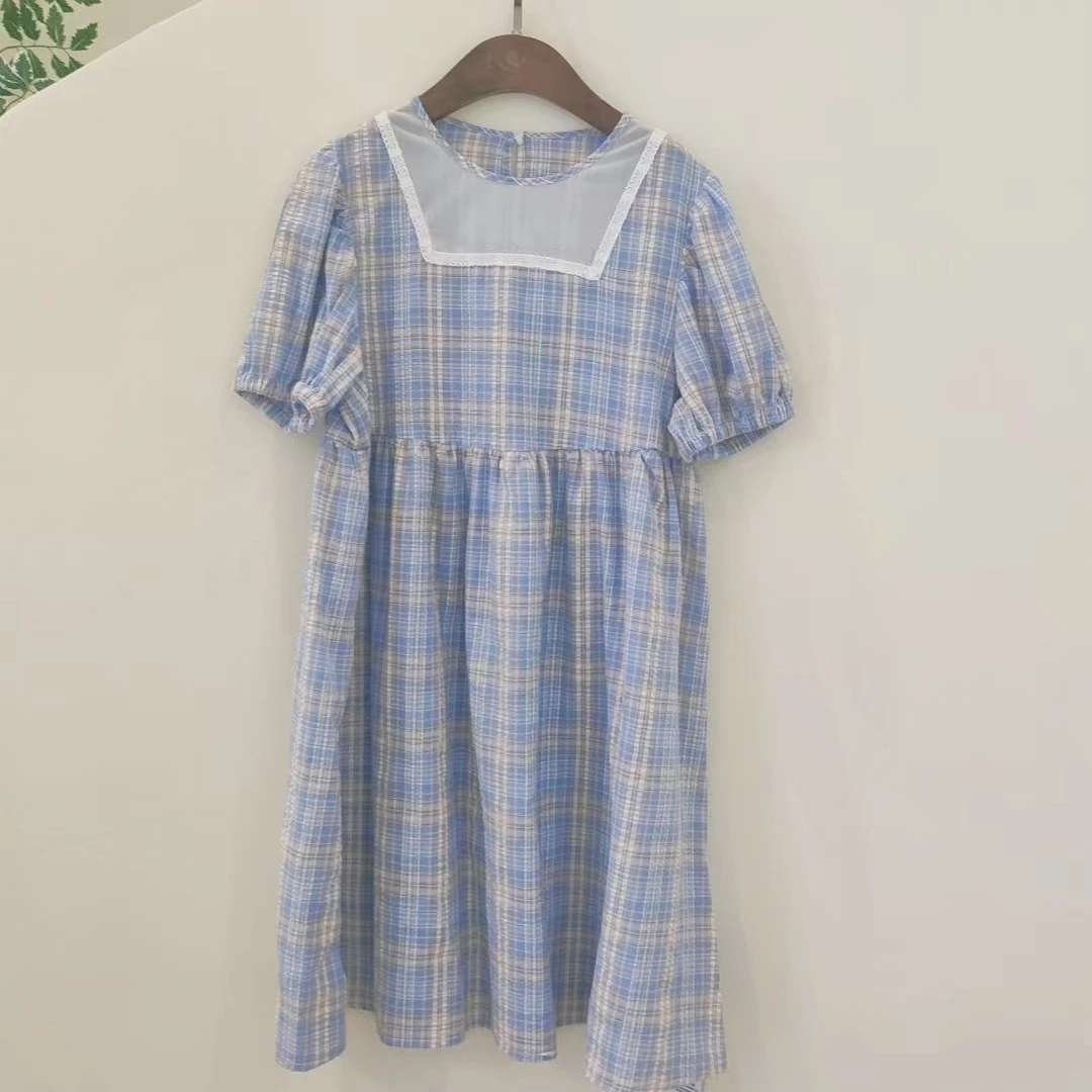 小淑女连身裙-A22951连衣裙格子时尚夏季裙子方领格纹泡泡袖气质