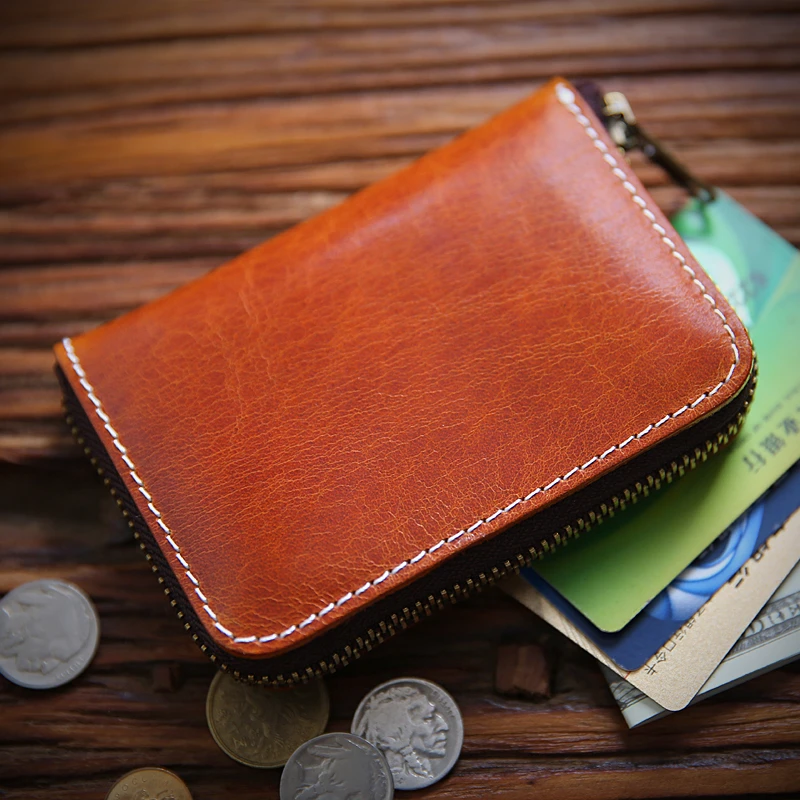 手工复古植鞣皮小钱包男士头层牛皮拉链短款硬币零钱包真皮小卡包
