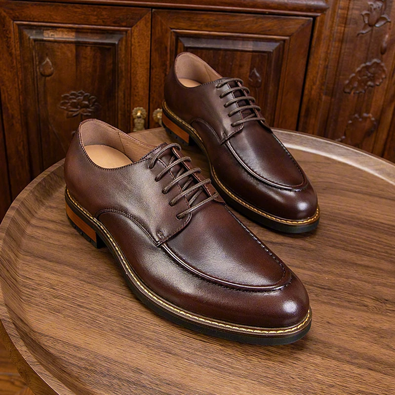 正装皮鞋头层真皮时尚复古男士英伦风德比鞋透气棕色潮流商务尖头