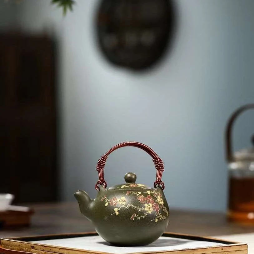 宜兴紫砂壶手工功夫茶壶紫砂茶具豆绿泥圆珠提梁壶小容量茶壶