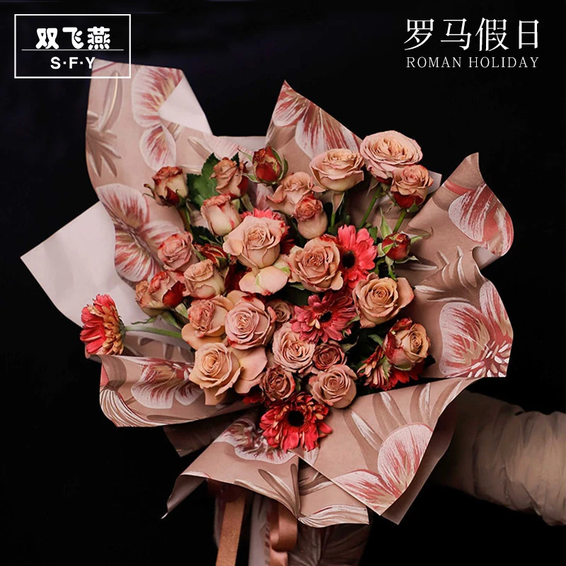 罗马假日复古大花包装纸油画风鲜花花束包装材料花店花艺资材diy