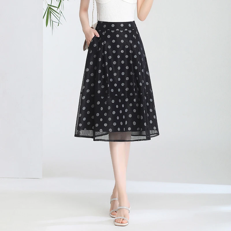 波点莎莎裙半身裙女夏季高腰a字大码网纱蓬蓬裙中长款碎花半裙下
