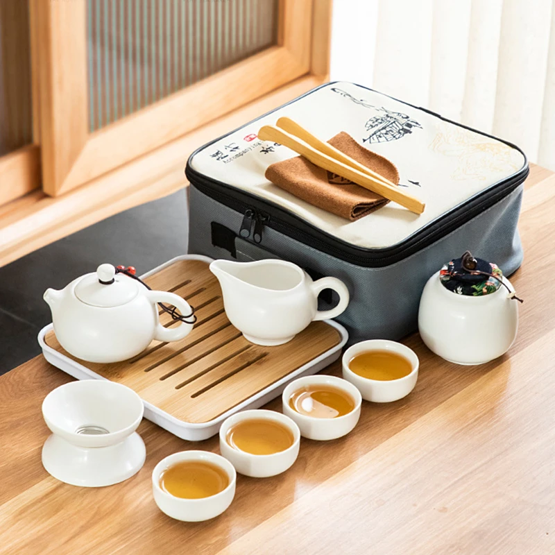 汝窑旅行茶具哥窑功夫茶具套装户外便携陶瓷快客杯泡茶壶一壶四杯