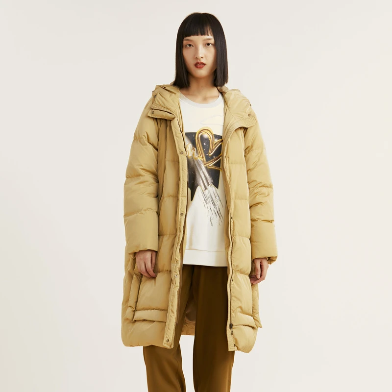 R谜底女装冬新款加厚保暖净色连帽中长款羽绒服女外套女214MY2436