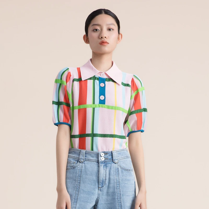 R谜底冰曲圆领套头针织衫女款条纹织花上衣短袖格纹时尚222MZ0879