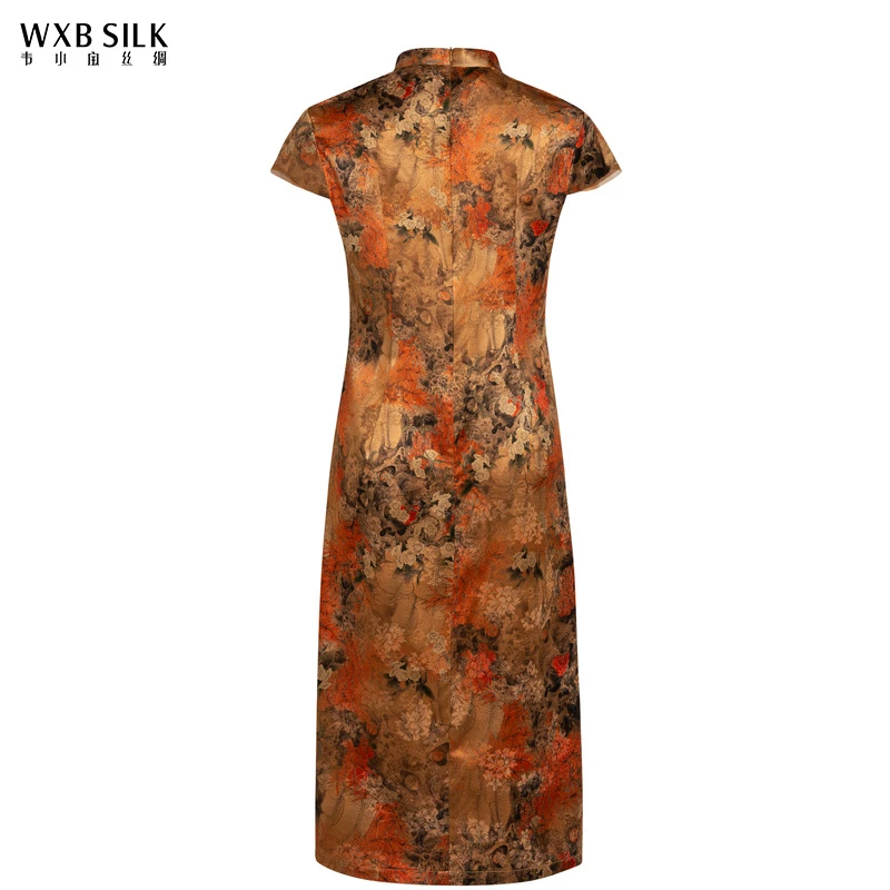 韦小宝高端春夏桑蚕丝19姆米花萝真丝印花中长款新中式女士连衣裙