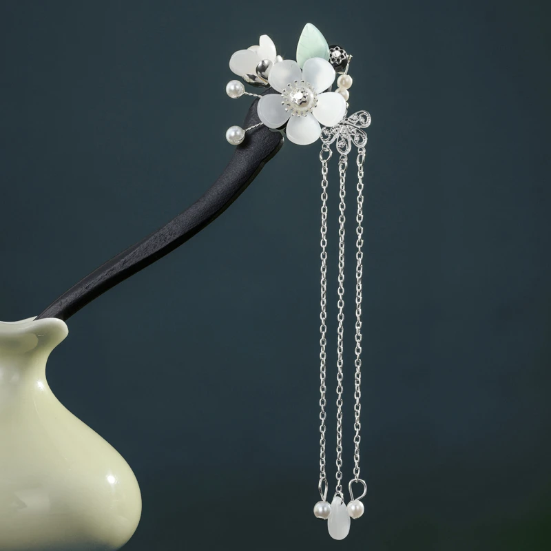 合金仿水晶发饰 黑檀木发簪女古风发饰盘发木簪流苏步摇琉璃汉服