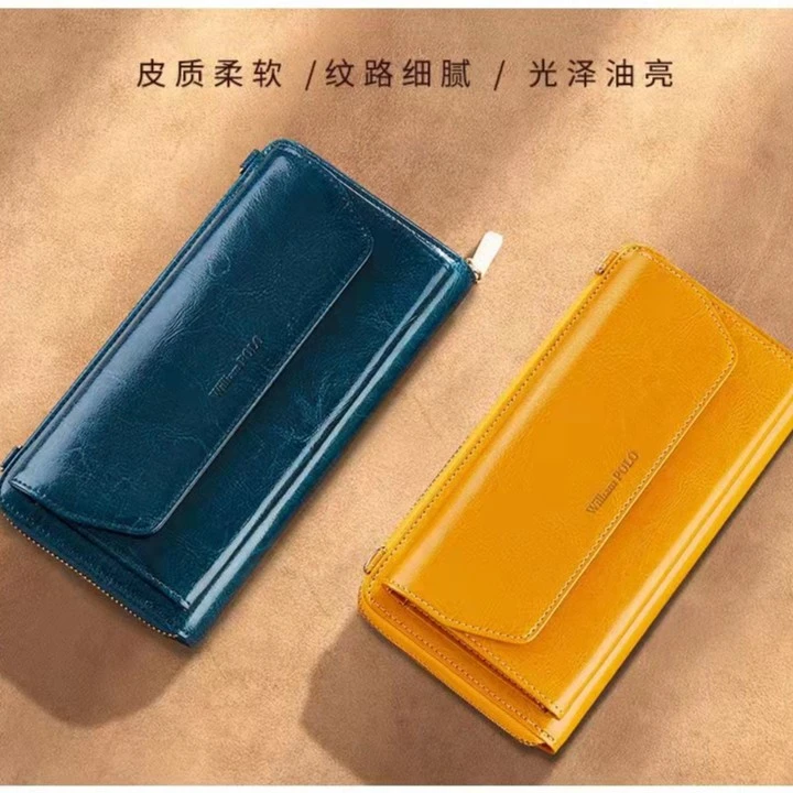 英皇保罗女士复古油蜡牛皮钱包大容量手拿包两用款挎包柔软多功能