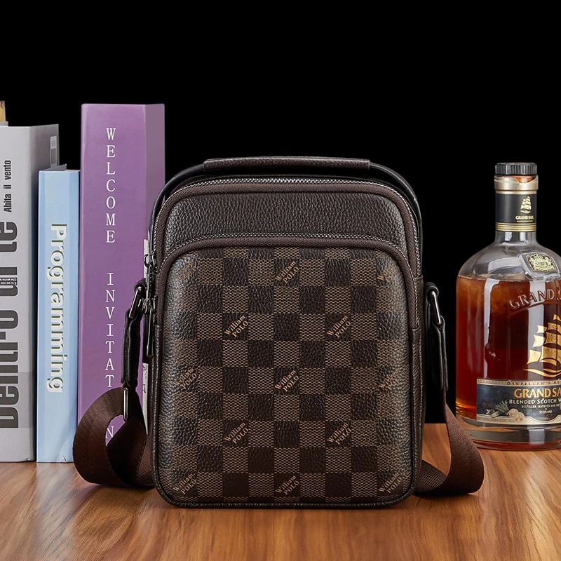 【经典棋盘格纹】英皇保罗男包单肩包休闲大容量头层牛皮斜挎背包