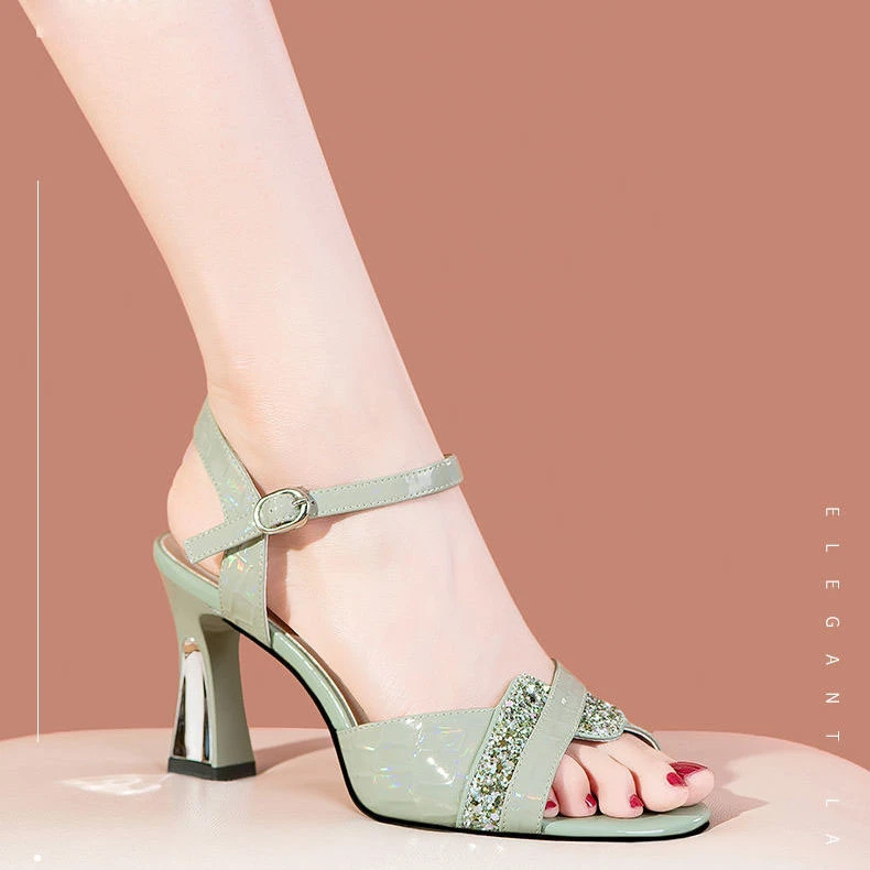 真皮时尚2023年夏季爆款粗高跟女凉鞋情侣凉鞋跟网鞋凉鞋