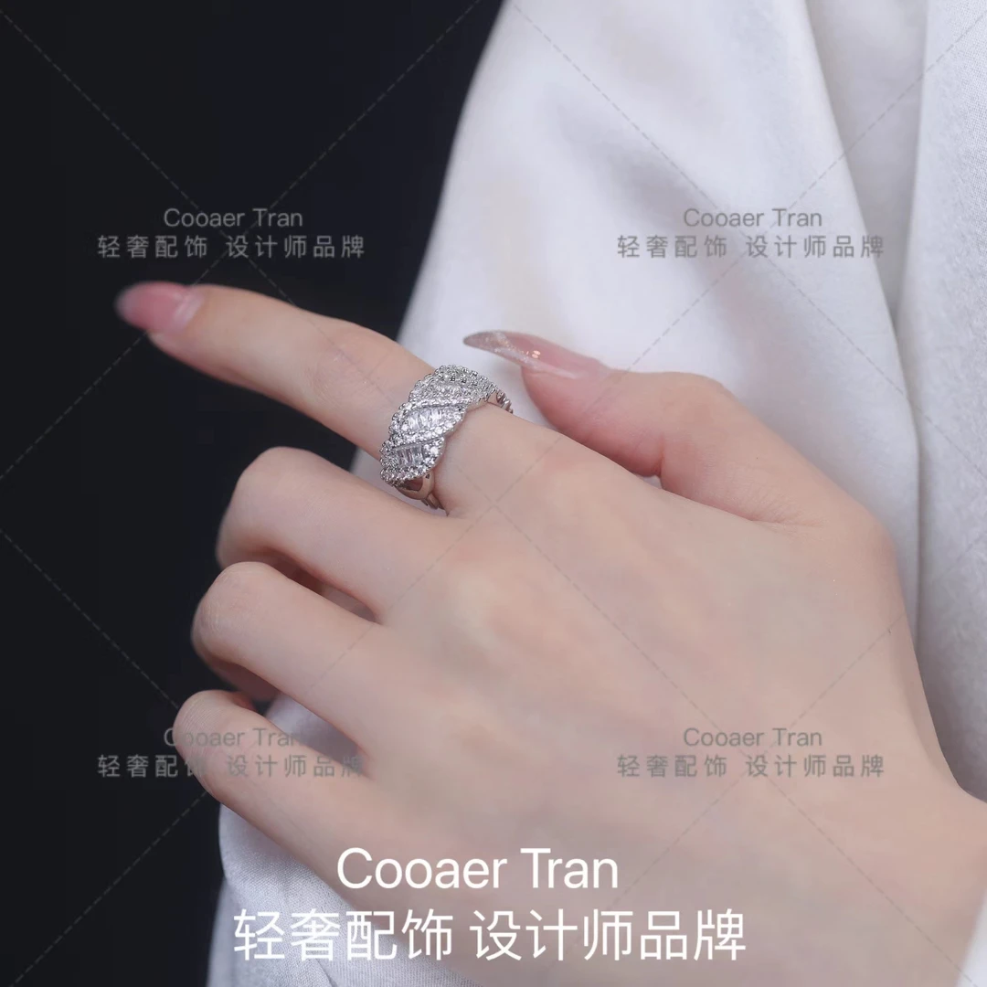 COOAER TRAN 铜合金戒指 品牌高定微镶满镐不规则开口戒指ZJ1046#