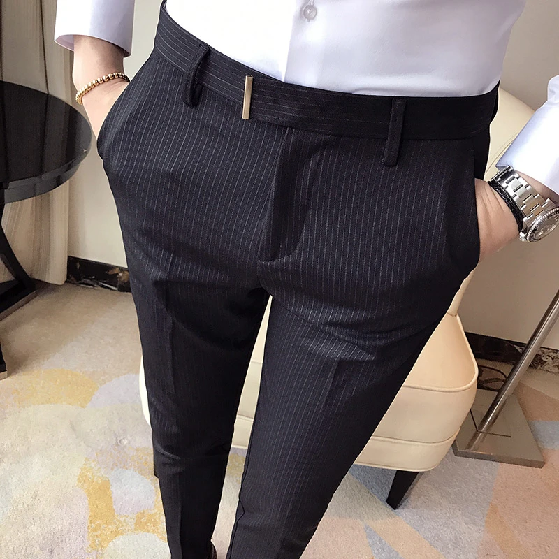 2025春季商务休闲裤子韩版修身小脚裤男士条纹西裤长裤男裤9分裤
