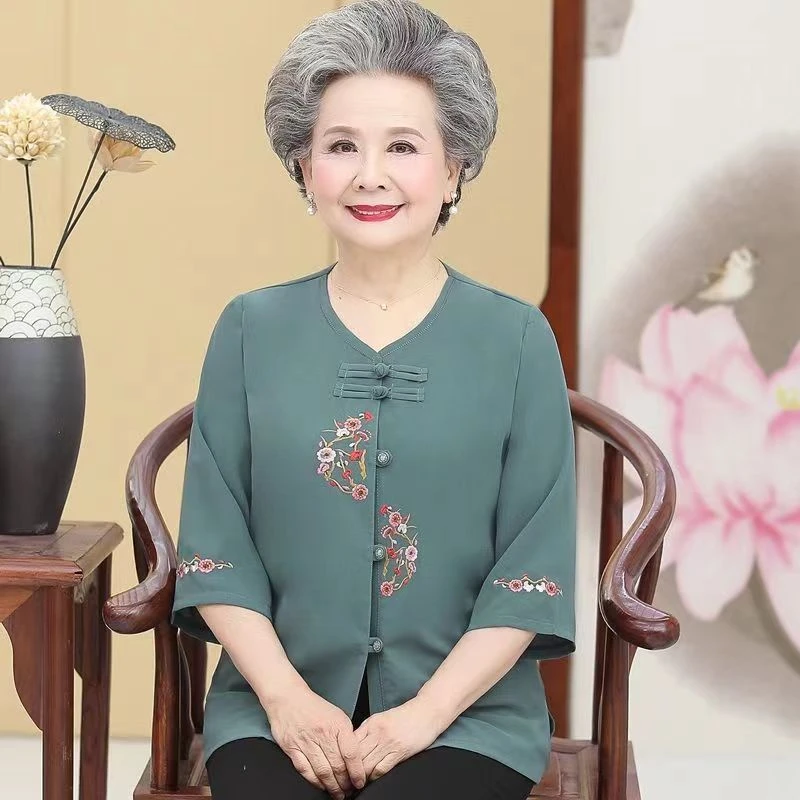 中老年夏装女气质奶奶装薄款七分袖衬衫福态老太太唐装妈妈装上衣