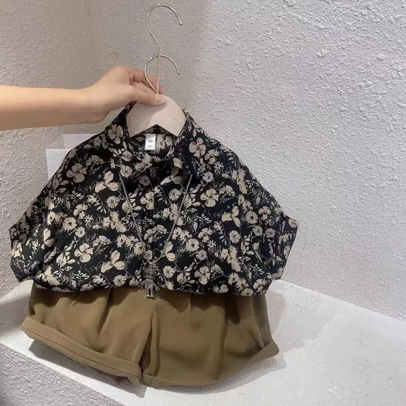 【港风套装】男女童高级感复古沙滩花衬衫韩版短裤套装夏季薄款碎花