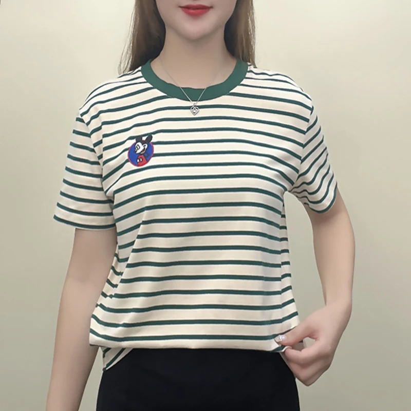 2024夏季新款宽松显瘦时尚休闲撞色百搭圆领条纹t恤女通勤洋气潮