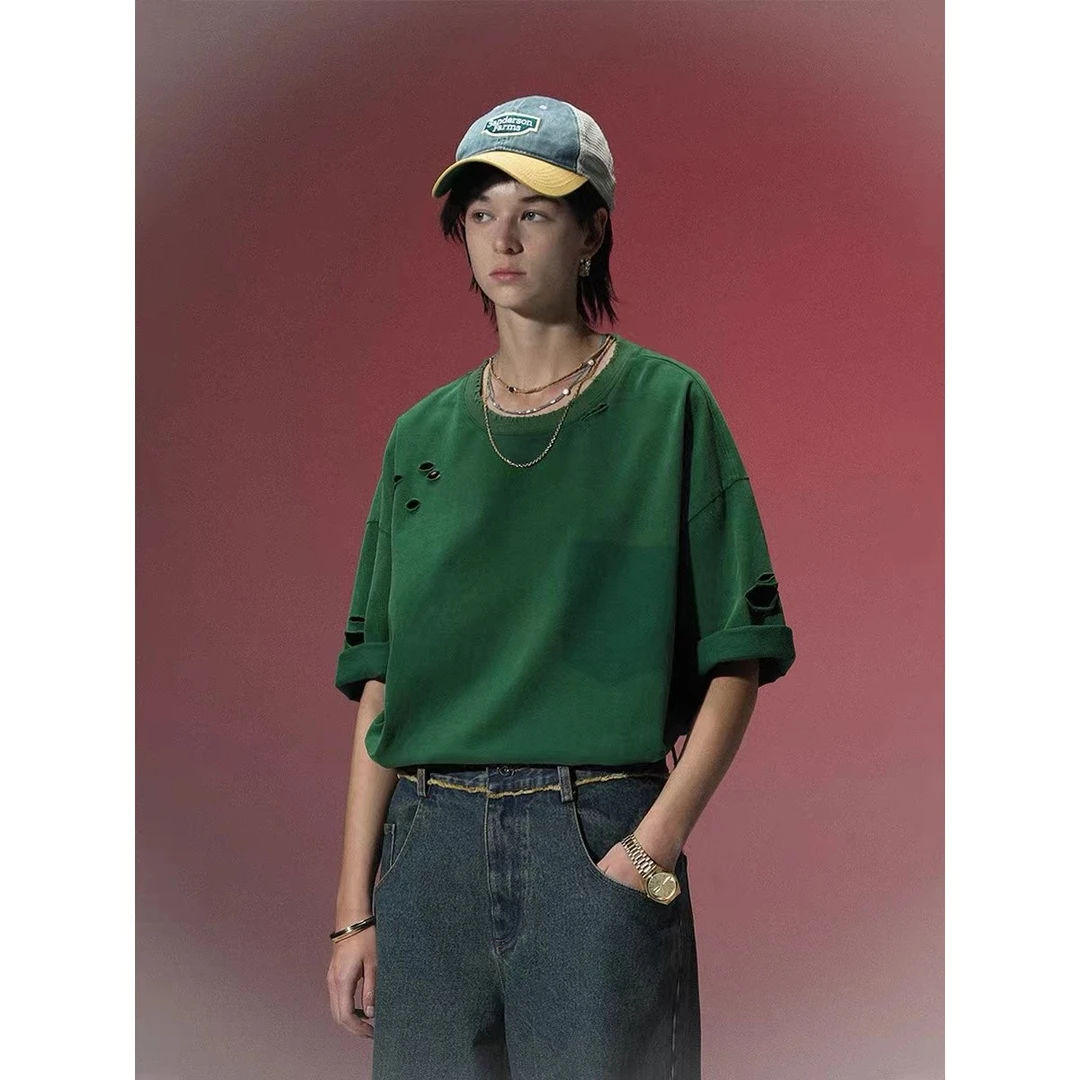 Unvesno (UN)碎片假袋子仿旧破洞短袖圆领国潮夏季衣服百搭设计感