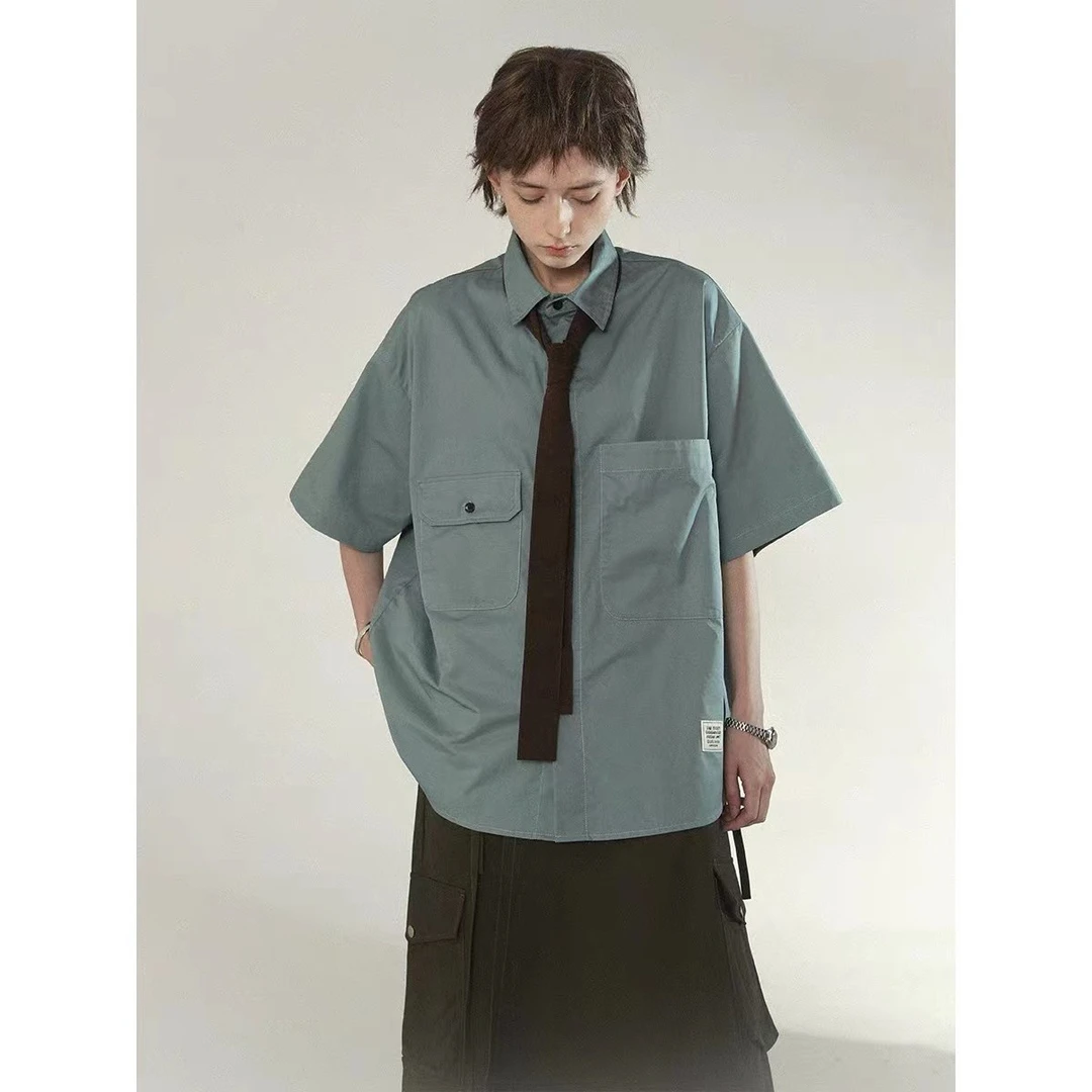 Unvesno (UN) 【联名款】留白 CLUÉL & 复古短袖领带透气衬衫男撞色