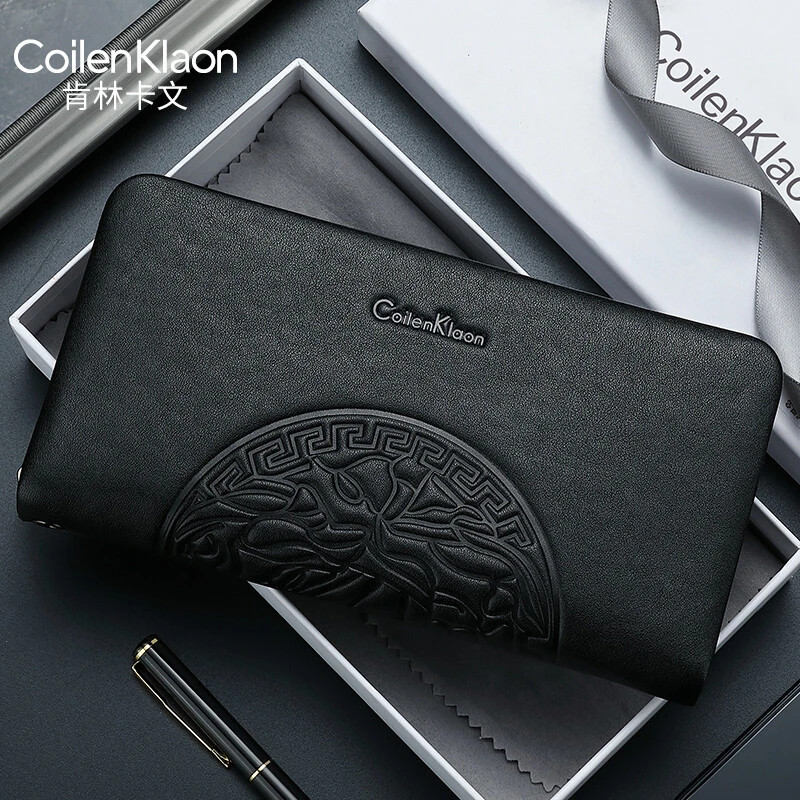 CoilenKlaon男士钱包长款真皮拉链皮夹头层牛皮手包多功能手拿包