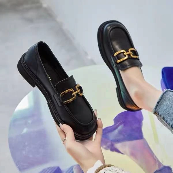 百搭时尚秋季乐福鞋休闲复古韩版平底工作鞋黑色软底圆头乐福鞋