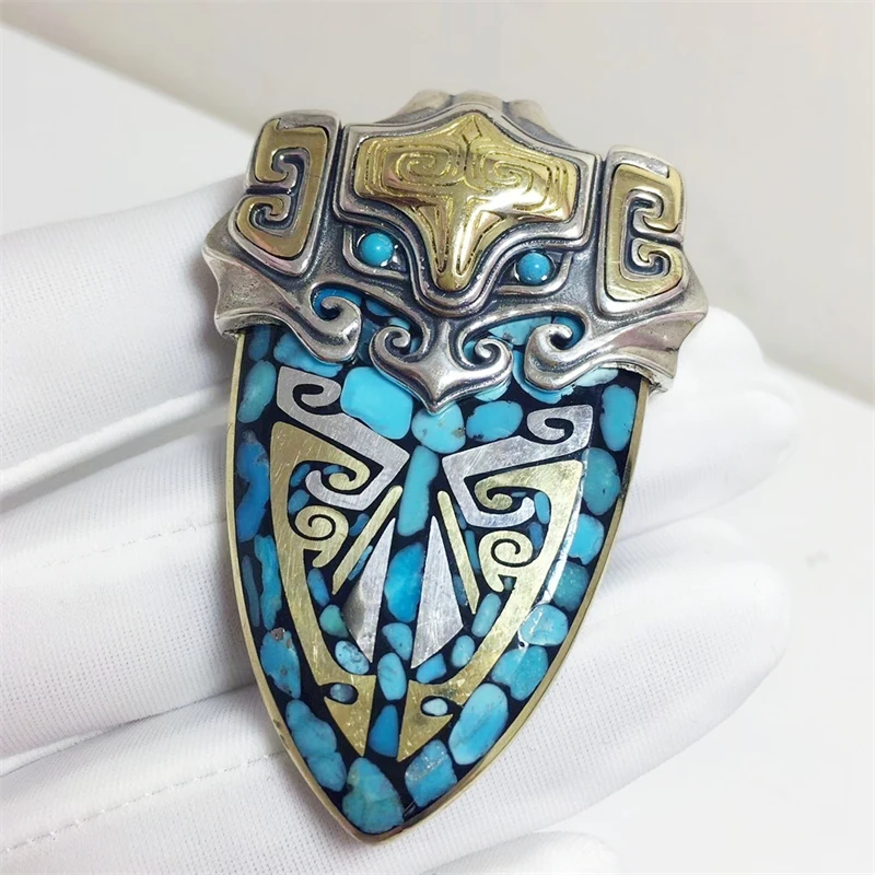 吊坠925银 S925纯银个性镶嵌手工创意国风设计饕餮盾牌项链吊坠