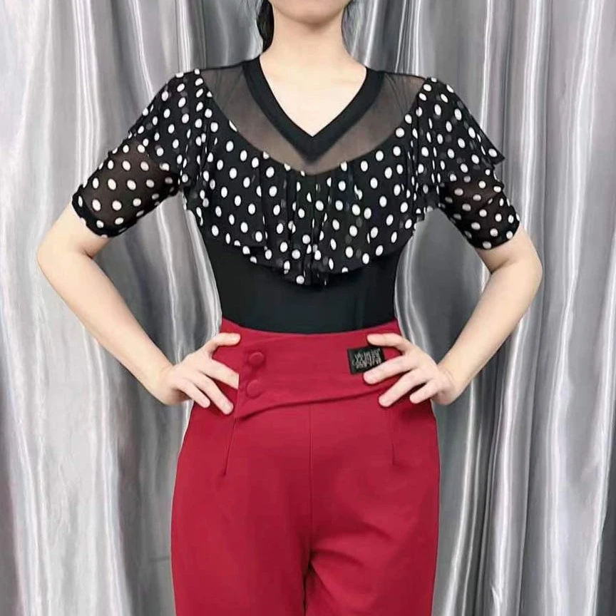花仙飞舞摩登舞吉特巴舞蹈服广场舞练习服V领波点短袖女上衣A0193