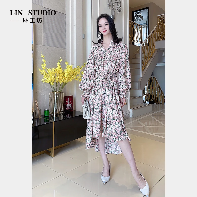 琳工坊惊鹊不规则柔美碎花系带连身裙长款夏季法式约会唐琳设计师