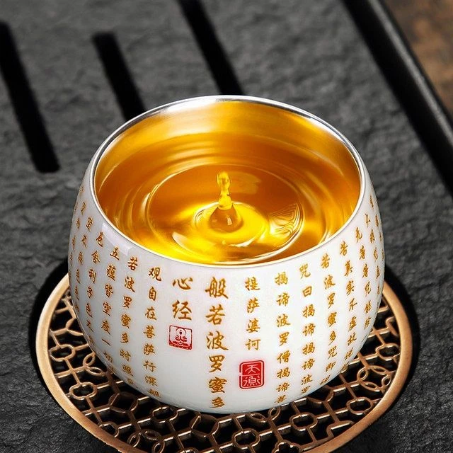 羊脂玉瓷鎏银主人杯单杯白瓷鎏金心经杯银杯银茶杯功夫茶杯银茶盏