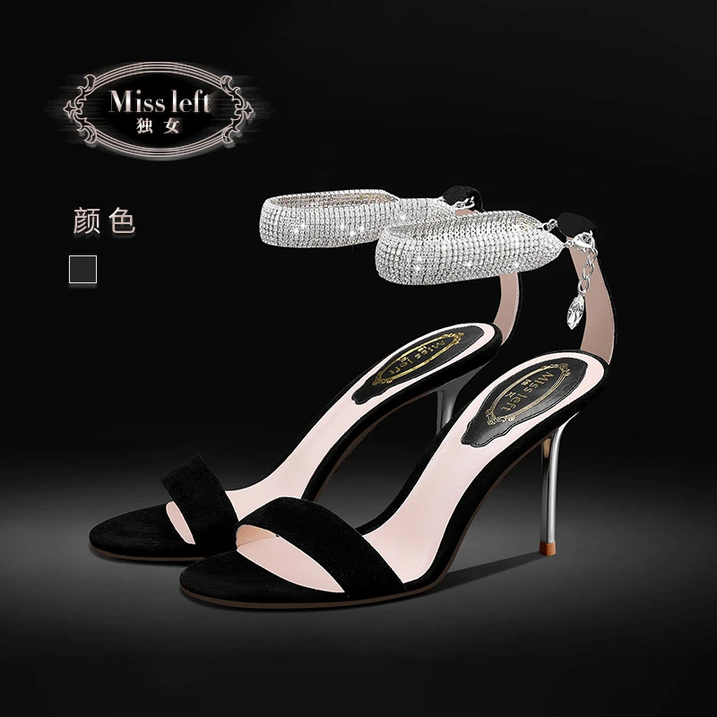 独女锆石黑色一字带凉鞋女细跟2022年夏季新款露趾模特走秀高跟鞋
