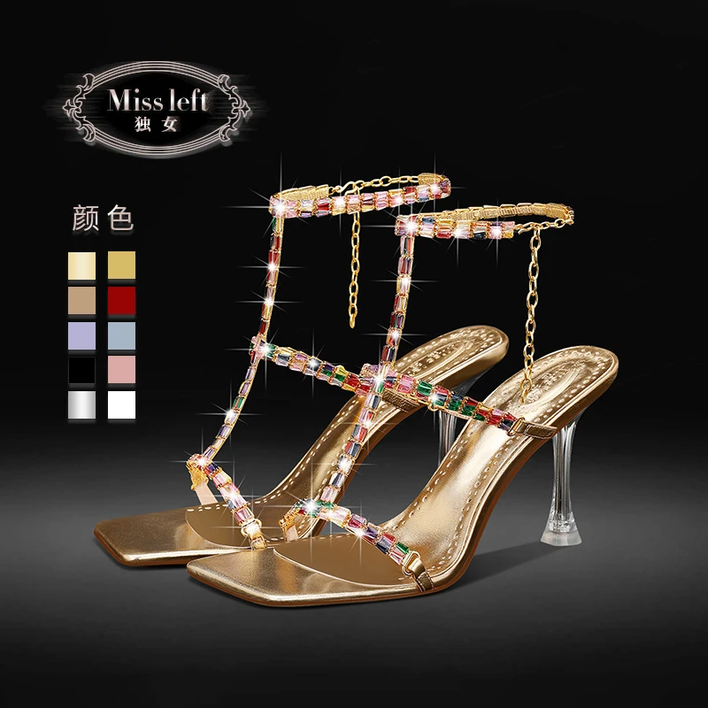 独女金色性感露趾方头丁字带高跟凉鞋女2025夏季新款细跟高跟鞋子