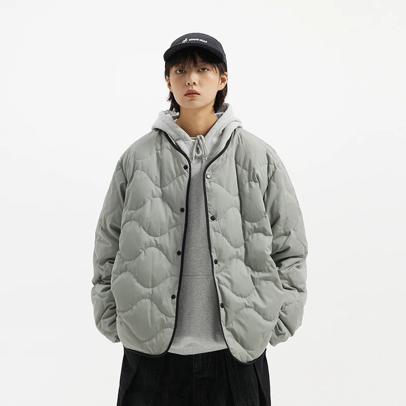 BUTTBILL 冬季日系户外复古双面穿无领羽绒服绗缝情侣加厚外套男