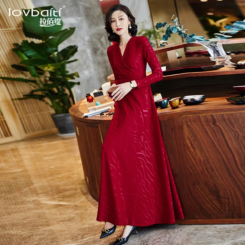 2025新款酒红色修身显瘦女士秋季喜婆婆气质到脚踝大摆连衣裙413