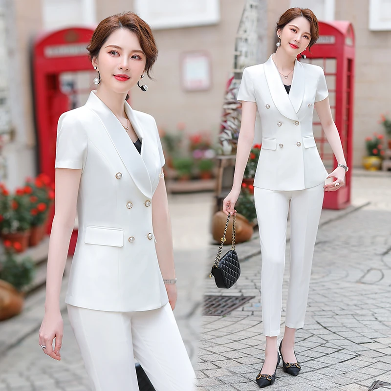 白色短袖西装外套女夏季薄款2024新款小个子高端职业装西服套装夏