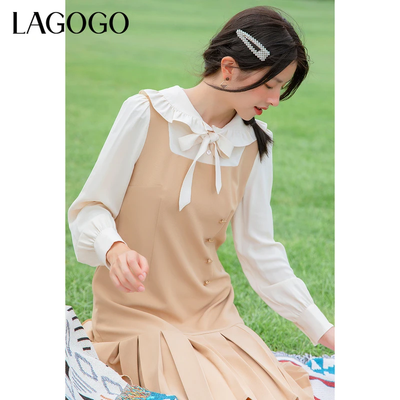 【艾美甄选】Lagogo新款娃娃领泡泡袖假两件连衣裙女LCLL458G15