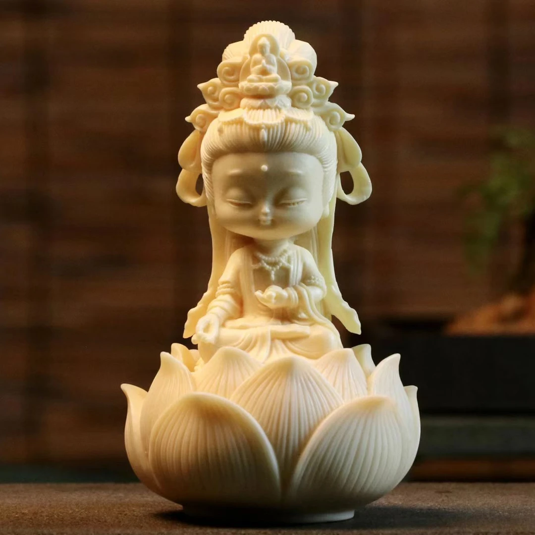 Q版观音+莲花底座一套客厅车摆件手工雕刻家居书桌墙柜装饰