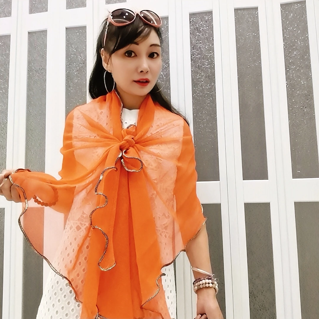 弹力网纱金丝线木耳边披肩丝巾气质时尚百搭女士夏季春夏多功能