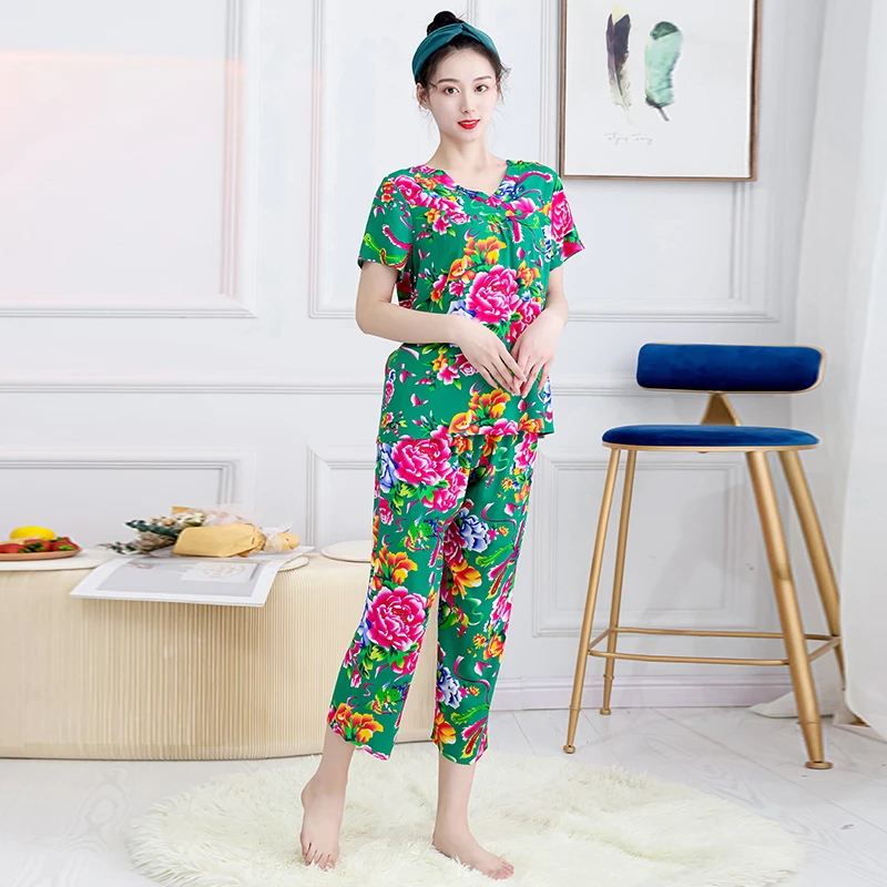 （回馈粉丝）家居服睡衣女套装人棉薄款空调服休闲时尚夏季印花碎花