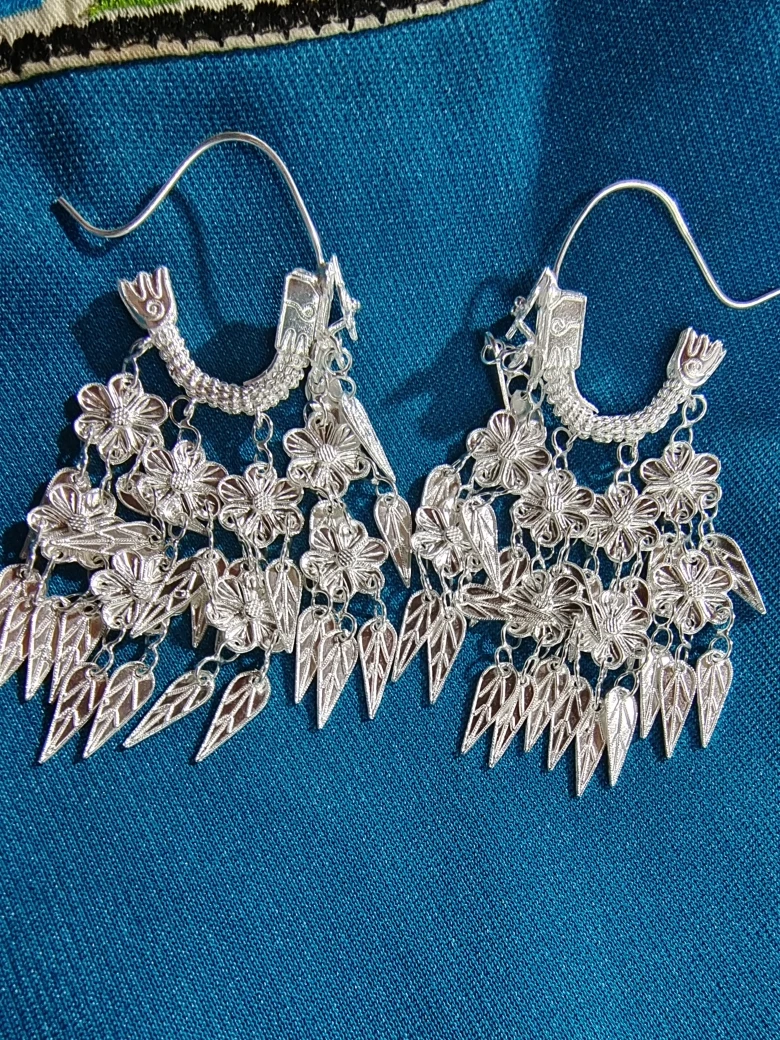 足银耳饰 湘女银饰足银素款苗家银制龙耳环复古长款耳环耳坠银色