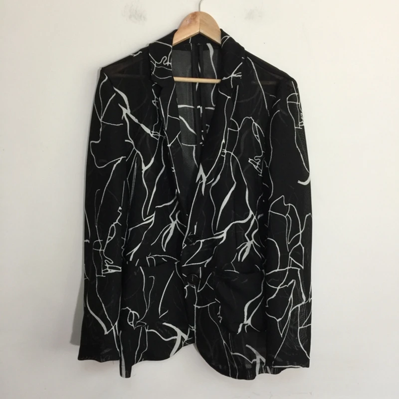 黑色裂纹网眼透视镂空男士国潮套装防晒夏季设计师百搭休闲西装