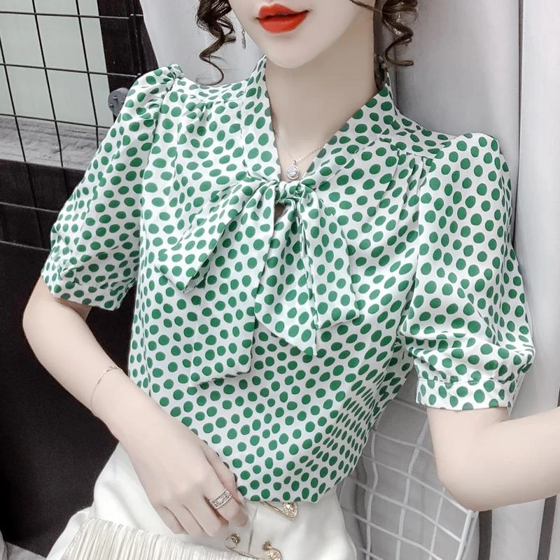 法式波点系带小衫短袖女2024夏蝴蝶结衬衫上衣显瘦洋气小众时尚