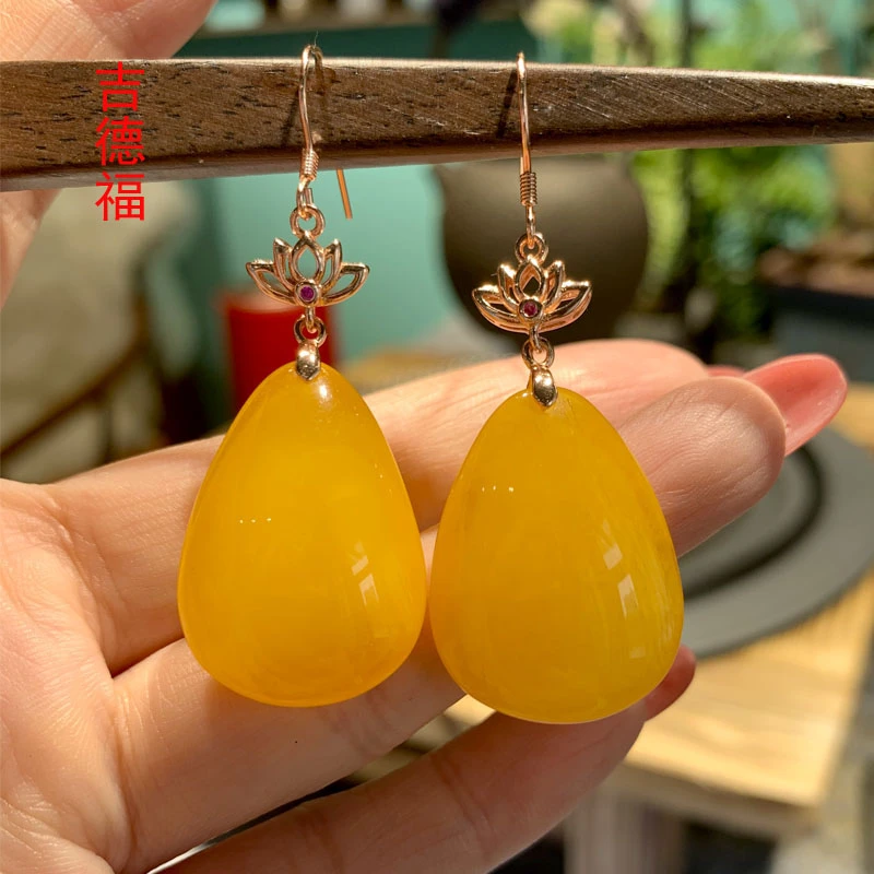 吉德福925银镶蜜蜡水滴耳坠