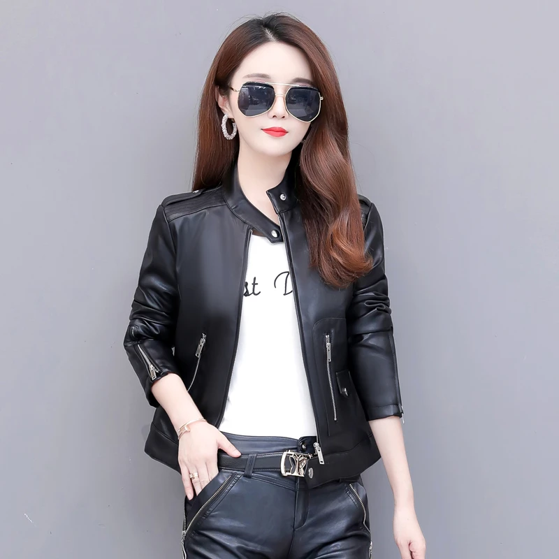 赛袖2024春秋韩版修身立领小皮衣女短外套海宁皮衣机车女士皮夹克