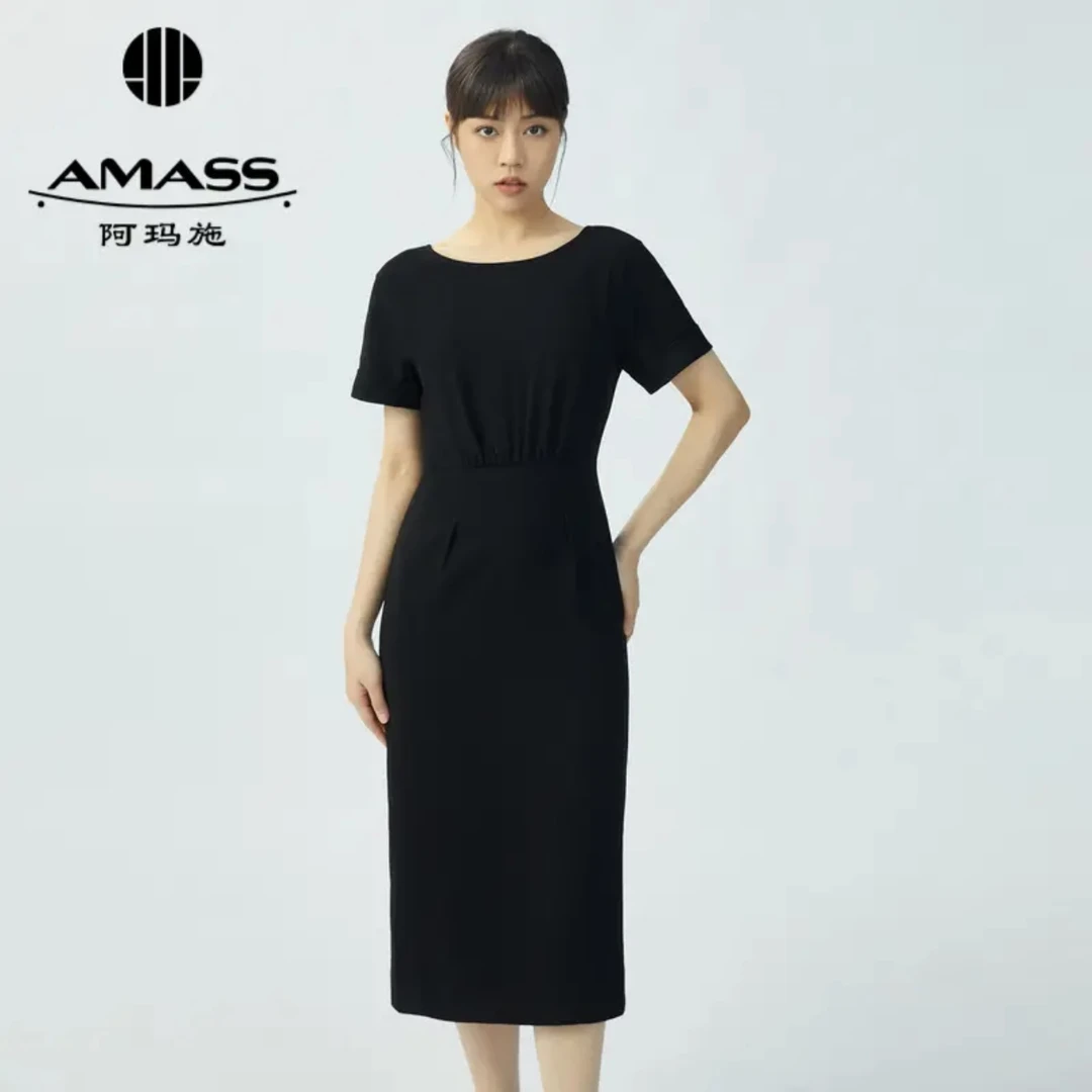 阿玛施AMASS新款女装显瘦圆领短袖开叉连衣裙气质收腰长裙5500451