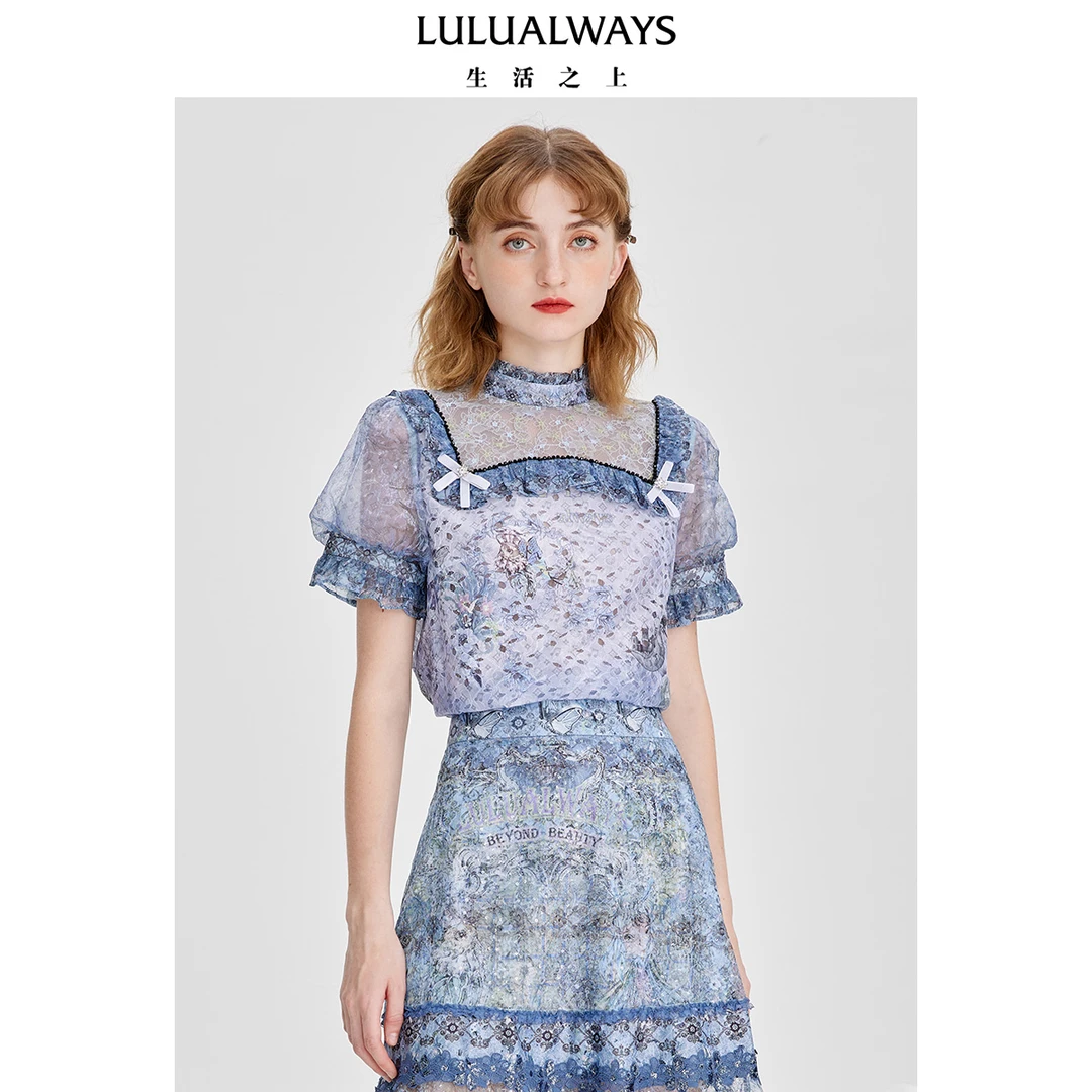 LULUALWAYS新款法式拼接短袖雪纺小衫LNB2039