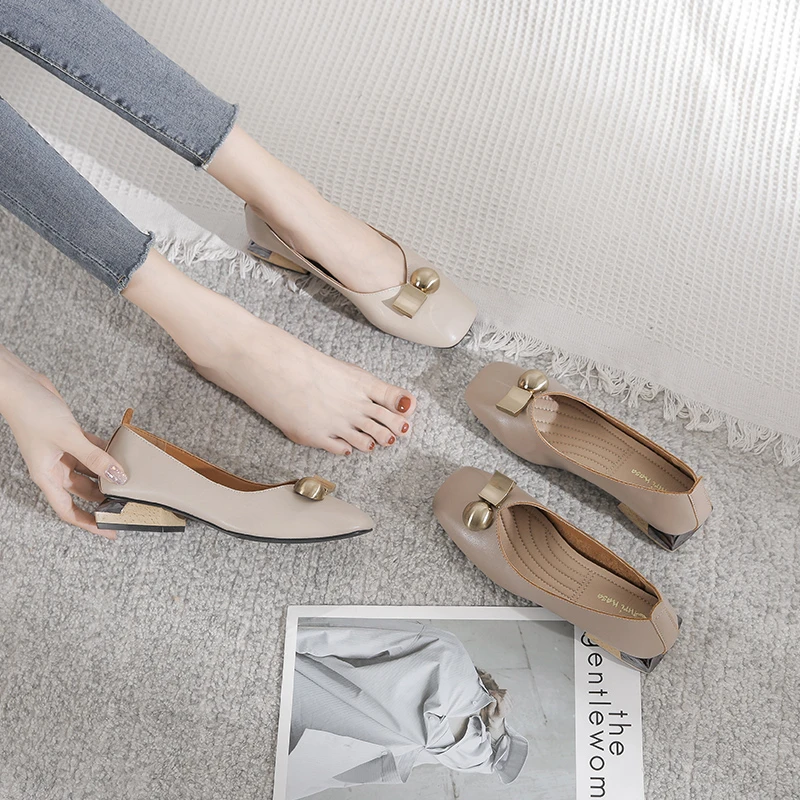 单鞋女2025年春新款方头浅口韩版低跟时尚百搭中跟软皮粗跟女鞋